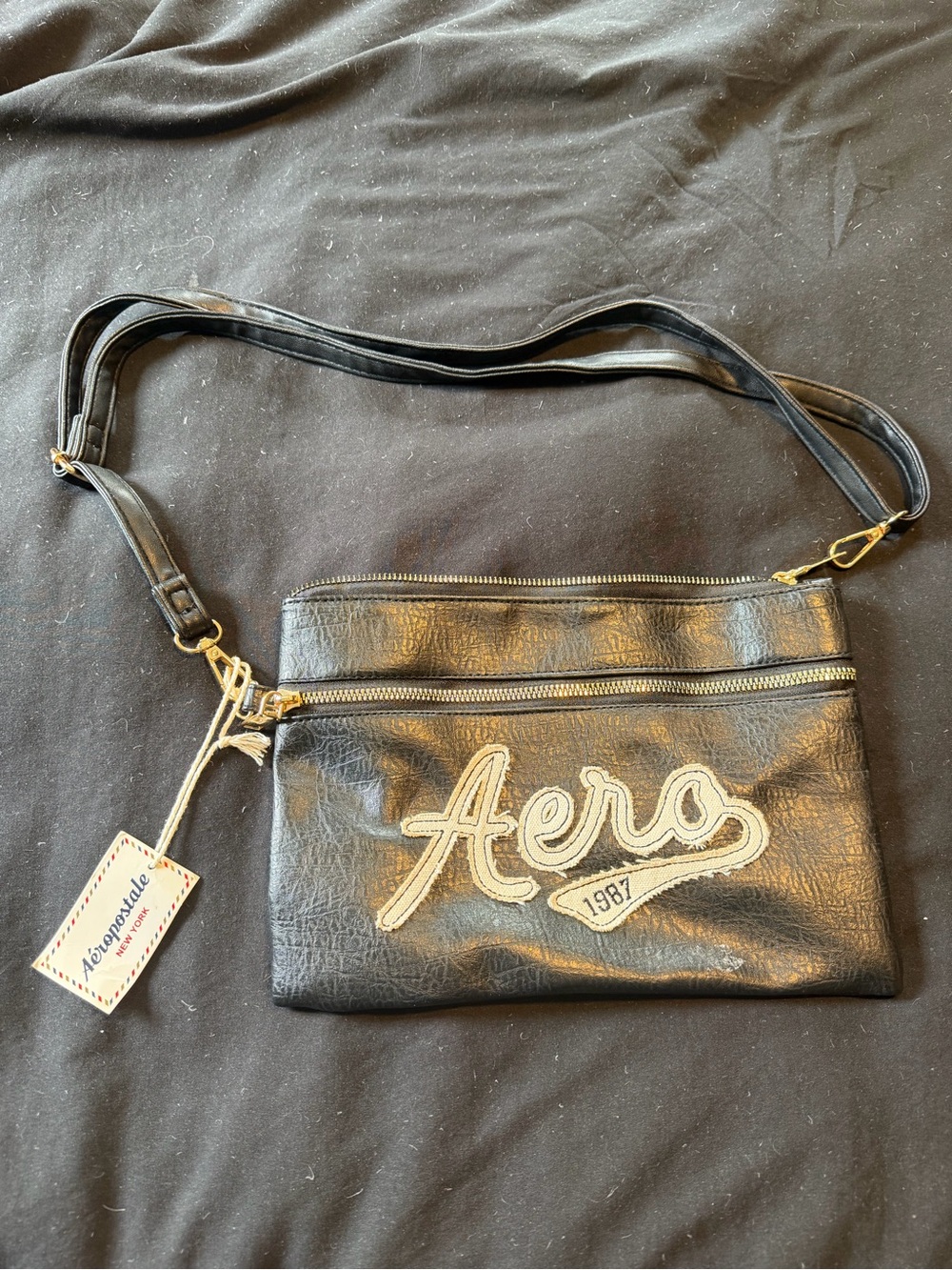 Aeropostale Black Faux-Leather Zip Pouch with White Embroidered Logo